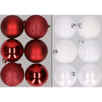 12x stuks kunststof kerstballen mix van donkerrood en wit 8 cm - Kerstbal - thumbnail