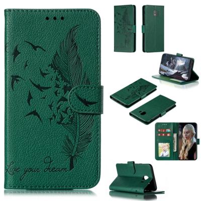 Feather patroon Litchi textuur horizontale Flip lederen draagtas met portemonnee & houder & kaartsleuven voor Galaxy J4 (2018) (groen)