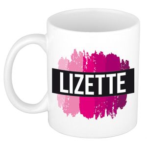 Naam cadeau mok / beker Lizette met roze verfstrepen 300 ml