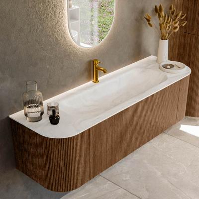 Mondiaz KURVE-DLUX 150 cm Onderkast Greeploos 1 Lade Met Deuren Walnut, Wastafel Solid Surface Midden Ostra 1 Kraangat Zonder Spiegel (KRVBGM150L+R1L2D1KM-Wal/Ost)