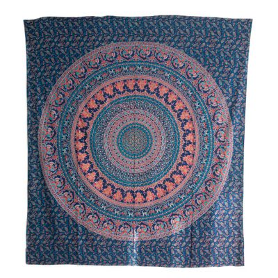 Authentiek Wandkleed Katoen Blauw Dierenrijk Mandala (240 x 210 cm)