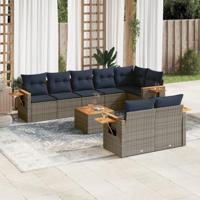 9-delige Loungeset met kussens poly rattan grijs