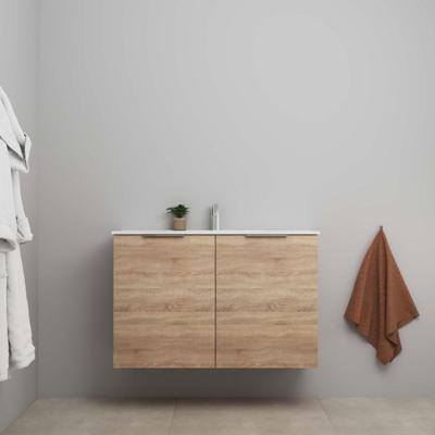 On-Line Onderkast - 100 cm - Voorgemonteerd - 2 Deuren met Greep - Porseleinen Wastafel - 1 Kraangat - Eiken