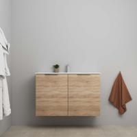 On-Line Onderkast - 100 cm - Voorgemonteerd - 2 Deuren met Greep - Porseleinen Wastafel - 1 Kraangat - Eiken