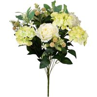 Kunstbloemen boeket rozen met bladgroen - creme wit/geel - H52 cm - Bloemstuk