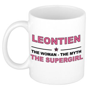 Naam cadeau mok/ beker Leontien The woman, The myth the supergirl 300 ml - Naam mokken