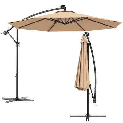 Φ300cm LED Patio Parasol met Handslinger en Kantel Aanpassing Buiten Cantilever Opknoping Markt Patio Paraplu Bourgondië/Bruin/Blauw/Beige