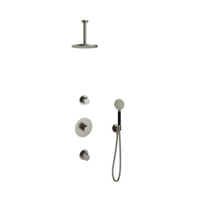 Hotbath Cobber - Inbouw Regendoucheset - Geborsteld Nikkel - 2 Stopkranen - Thermostatisch - Plafondbuis 15 cm - Hoofddouche 200 mm - Ronde Handdouche 3 Standen - Waterbesparend