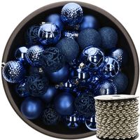 37x stuks kunststof kerstballen 6 cm kobalt blauw inclusief kralenslinger zilver - thumbnail