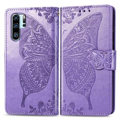 Butterfly Love bloemen reliëf horizontale Flip lederen case voor Huawei P30 Pro met houder & kaartsleuven & portemonnee & Lanyard (licht paars)