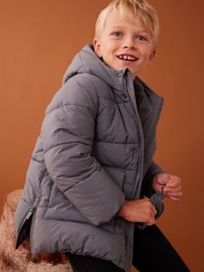 Lang donsjack met capuchon en sherpa voering voor jongens ijsblauw