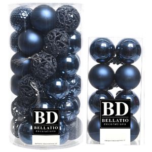 53x stuks kunststof kerstballen donkerblauw 6 en 8 cm mix