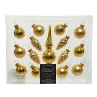 Gouden glazen kerstballen 3 cm en piek set voor mini kerstboom 15-dlg   -