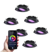 Set van 6 Rome smart inbouwspots - IP44 Waterdicht - 6 Watt 480 lumen - Kantelbaar - Lage inbouwdiepte 27mm - Wifi + Bluetooth - RGBWW - Google Home, Amazon Alexa en Siri - Zwart - Voor binnen en buiten
