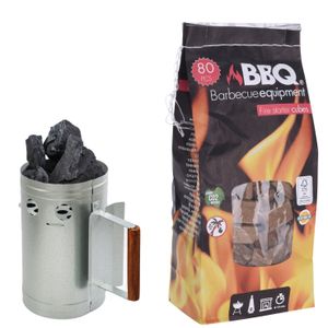 BBQ briketten/houtskool starter met houten handvat 27 cm met 80x BBQ aanmaakblokjes