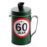 Spaarpot - 60 jaar geworden thema - verjaardag cadeau - Blik met sticker van 9 cm