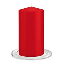 Trend Candles - Stompkaarsen met glazen onderzetters set van 2x stuks - helder rood 8 x 15 cm - Stompkaarsen - thumbnail