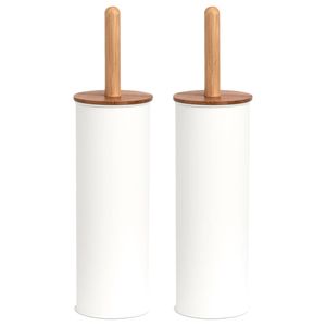 2x Stuks WC/Toiletborstel in houder metaal/bamboe hout - wit - 38 x 10 cm - Toiletborstels