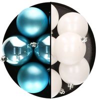 Decoris kerstballen - 12x st - 8 cm - wit en blauw - kunststof - Kerstbal - thumbnail