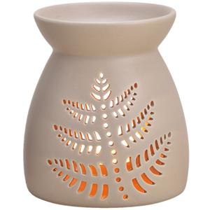 Geurbrander voor amberblokjes/geurolie/waxmelts - keramiek - beige - 11 x 11 x 13 cm - blad patroon