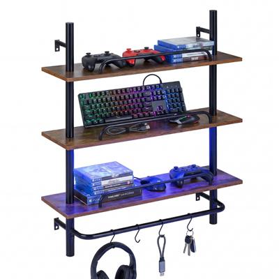 3-Traps Zwevend Buizenrek met Ledverlichting Afstandsbediening en APP-Bediening Industrieel Wandrek met 4 S-Vormige Haken Wandgemonteerd Opberg- en Presentatierek