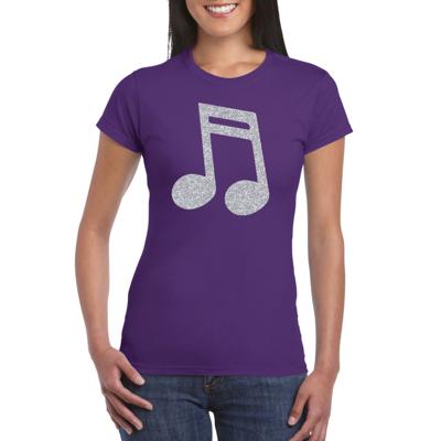 Muziek thema feestkleding t-shirt - met zilveren muzieknoot - paars - voor dames Muziek thema feestkleding t-shirt - met zilveren muzieknoot - paars - voor dames