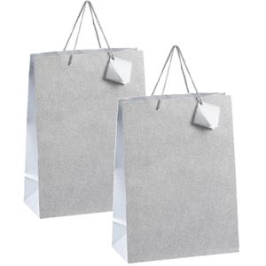 Set van 4x stuks luxe papieren giftbags/cadeau tasjes zilver met glitters 25 x 33 x 12 cm   -