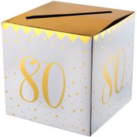 Enveloppendoos - Verjaardag - 80 jaar - wit/goud - karton - 20 x 20 cm   - - thumbnail