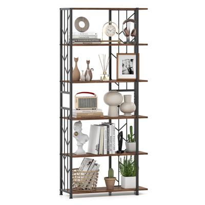 6-Plank Boekenkast Moderne Geometrische Plank met Sterk Metalen Frame Vrijstaande Opslag Plank met 2 Anti-Kantel Kits Bruin