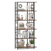 6-Plank Boekenkast Moderne Geometrische Plank met Sterk Metalen Frame Vrijstaande Opslag Plank met 2 Anti-Kantel Kits Bruin