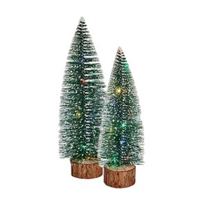 Kleine/mini decoratie kerstboompjes set van 2x st met gekleurd licht 25-30 cm