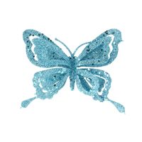 1x stuks decoratie vlinders op clip glitter ijsblauw 14 cm