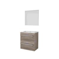Basic-Line Basic 39 Badkamermeubelset - Ondiep - 60 x 39 cm - Met Grepen - 2 Lades - Keramische Wastafel - 1 Kraangat - Spiegel - Scotch Oak