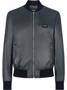 Dolce & Gabbana veste bomber en cuir à plaque logo - Noir