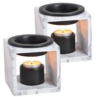 2x Geurbrander voor amberblokjes/geurolie/waxmelts - keramiek - wit - 10x10x10 cm - marmer