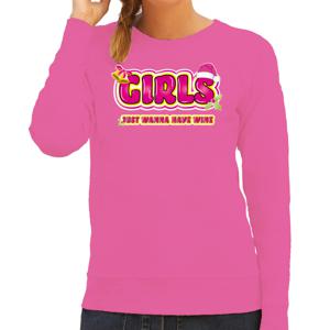 Foute kersttrui/sweater voor dames - girls just wanna have wine - roze - wijn