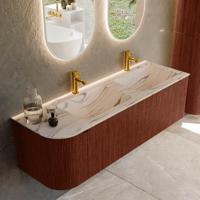 Badmeubel Mondiaz Kurve-Dlux | 145 cm | Meubelkleur Ruby | Wastafelkleur Nata | Solid surface | Dubbel / Rechts spoelbak | 2 kraangaten