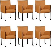 Set van 6 Lichtcognac leren moderne kuipstoel More - poot rond zwart met wiel - Toledo Leer Sabbia (lichtcognac leer)