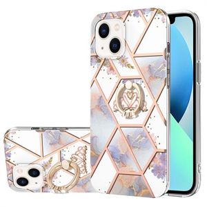 iPhone 15 Marble Pattern IMD TPU Case met Ring Houder - Paars / Wit