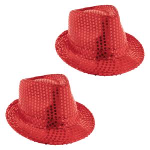 Trilby hoedje - 2x - rood - glitter - pailletten - polyester - heren/dames - Carnaval