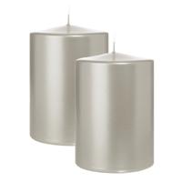 Cilinderkaars/stompkaars groot - 2x - metallic zilver - 15 x 10 cm - 113 branduren