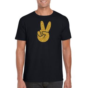 Zwart Flower Power t-shirt gouden glitter peace hand heren