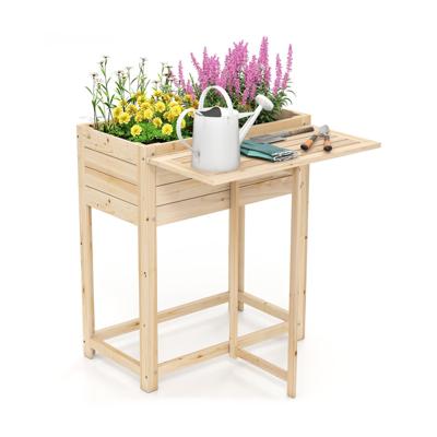 Hoge Tuinbed met Opklapbaar Tafelblad Bloembak van Hout met Afvoergaten 63 x 67 x 74 cm Natuur