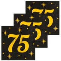 Verjaardag feest servetten - leeftijd 75 jaar - 48x stuks - zwart/goud - sterren - 33 x 33 cm
