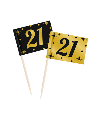 Classy Cocktail Prikkers 21 Jaar Zwart/Goud (50st)