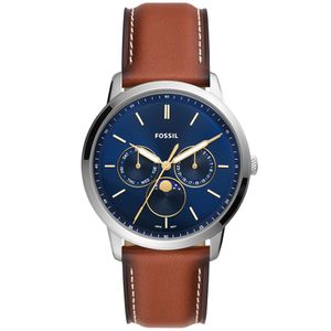 Fossil FS5903 Horloge Neutra Minimalist staal-leder zilverkleurig-blauw-bruin 42 mm