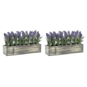 Lavendel bloemen kunstplant in houten bloempot - 2x - paarse bloemen - 34 x 14 x 19 cm