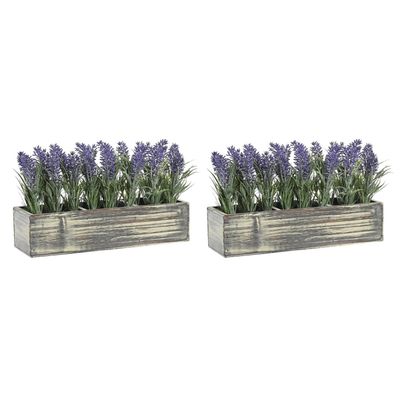 Lavendel bloemen kunstplant in houten bloempot - 2x - paarse bloemen - 34 x 14 x 19 cm