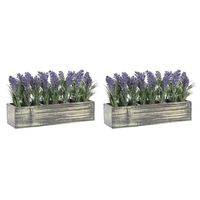 Lavendel bloemen kunstplant in houten bloempot - 2x - paarse bloemen - 34 x 14 x 19 cm