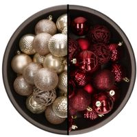 74x stuks kunststof kerstballen mix van champagne en donkerrood 6 cm - thumbnail